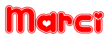 The image displays the word Marci written in a stylized red font with hearts inside the letters.
