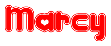 The image is a red and white graphic with the word Marcy written in a decorative script. Each letter in  is contained within its own outlined bubble-like shape. Inside each letter, there is a white heart symbol.