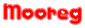 The image displays the word Mooreg written in a stylized red font with hearts inside the letters.