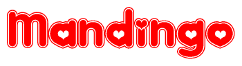 The image is a red and white graphic with the word Mandingo written in a decorative script. Each letter in  is contained within its own outlined bubble-like shape. Inside each letter, there is a white heart symbol.