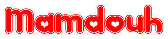 The image is a red and white graphic with the word Mamdouh written in a decorative script. Each letter in  is contained within its own outlined bubble-like shape. Inside each letter, there is a white heart symbol.