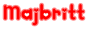 The image is a clipart featuring the word Majbritt written in a stylized font with a heart shape replacing inserted into the center of each letter. The color scheme of the text and hearts is red with a light outline.