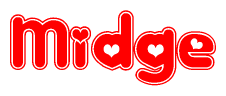 The image is a red and white graphic with the word Midge written in a decorative script. Each letter in  is contained within its own outlined bubble-like shape. Inside each letter, there is a white heart symbol.