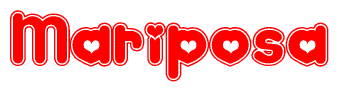 The image is a clipart featuring the word Mariposa written in a stylized font with a heart shape replacing inserted into the center of each letter. The color scheme of the text and hearts is red with a light outline.