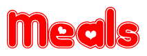 The image is a clipart featuring the word Meals written in a stylized font with a heart shape replacing inserted into the center of each letter. The color scheme of the text and hearts is red with a light outline.