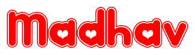 The image is a clipart featuring the word Madhav written in a stylized font with a heart shape replacing inserted into the center of each letter. The color scheme of the text and hearts is red with a light outline.