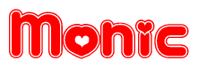 The image is a red and white graphic with the word Monic written in a decorative script. Each letter in  is contained within its own outlined bubble-like shape. Inside each letter, there is a white heart symbol.