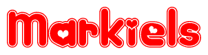 The image displays the word Markiels written in a stylized red font with hearts inside the letters.