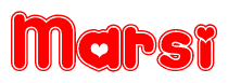The image is a red and white graphic with the word Marsi written in a decorative script. Each letter in  is contained within its own outlined bubble-like shape. Inside each letter, there is a white heart symbol.