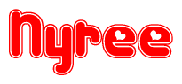 The image is a red and white graphic with the word Nyree written in a decorative script. Each letter in  is contained within its own outlined bubble-like shape. Inside each letter, there is a white heart symbol.