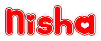 The image is a red and white graphic with the word Nisha written in a decorative script. Each letter in  is contained within its own outlined bubble-like shape. Inside each letter, there is a white heart symbol.