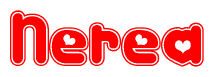 The image is a red and white graphic with the word Nerea written in a decorative script. Each letter in  is contained within its own outlined bubble-like shape. Inside each letter, there is a white heart symbol.