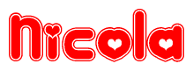 The image is a red and white graphic with the word Nicola written in a decorative script. Each letter in  is contained within its own outlined bubble-like shape. Inside each letter, there is a white heart symbol.