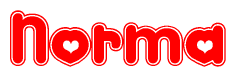 The image is a clipart featuring the word Norma written in a stylized font with a heart shape replacing inserted into the center of each letter. The color scheme of the text and hearts is red with a light outline.