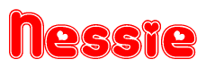 The image is a red and white graphic with the word Nessie written in a decorative script. Each letter in  is contained within its own outlined bubble-like shape. Inside each letter, there is a white heart symbol.