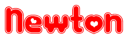 The image is a red and white graphic with the word Newton written in a decorative script. Each letter in  is contained within its own outlined bubble-like shape. Inside each letter, there is a white heart symbol.