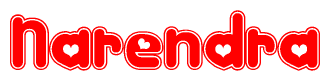 The image is a red and white graphic with the word Narendra written in a decorative script. Each letter in  is contained within its own outlined bubble-like shape. Inside each letter, there is a white heart symbol.