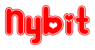 The image is a red and white graphic with the word Nybit written in a decorative script. Each letter in  is contained within its own outlined bubble-like shape. Inside each letter, there is a white heart symbol.