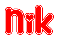 The image is a red and white graphic with the word Nik written in a decorative script. Each letter in  is contained within its own outlined bubble-like shape. Inside each letter, there is a white heart symbol.