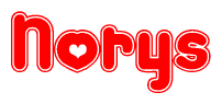 The image is a red and white graphic with the word Norys written in a decorative script. Each letter in  is contained within its own outlined bubble-like shape. Inside each letter, there is a white heart symbol.