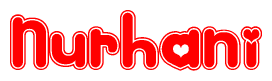 The image is a clipart featuring the word Nurhani written in a stylized font with a heart shape replacing inserted into the center of each letter. The color scheme of the text and hearts is red with a light outline.