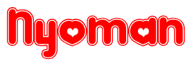 The image is a red and white graphic with the word Nyoman written in a decorative script. Each letter in  is contained within its own outlined bubble-like shape. Inside each letter, there is a white heart symbol.