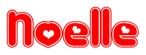 The image is a red and white graphic with the word Noelle written in a decorative script. Each letter in  is contained within its own outlined bubble-like shape. Inside each letter, there is a white heart symbol.