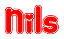 The image is a clipart featuring the word Nils written in a stylized font with a heart shape replacing inserted into the center of each letter. The color scheme of the text and hearts is red with a light outline.