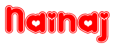 The image is a red and white graphic with the word Nainaj written in a decorative script. Each letter in  is contained within its own outlined bubble-like shape. Inside each letter, there is a white heart symbol.