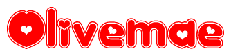 The image is a clipart featuring the word Olivemae written in a stylized font with a heart shape replacing inserted into the center of each letter. The color scheme of the text and hearts is red with a light outline.