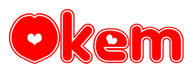The image displays the word Okem written in a stylized red font with hearts inside the letters.