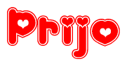 The image displays the word Prijo written in a stylized red font with hearts inside the letters.