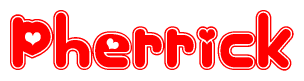 The image is a red and white graphic with the word Pherrick written in a decorative script. Each letter in  is contained within its own outlined bubble-like shape. Inside each letter, there is a white heart symbol.