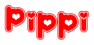 The image is a clipart featuring the word Pippi written in a stylized font with a heart shape replacing inserted into the center of each letter. The color scheme of the text and hearts is red with a light outline.