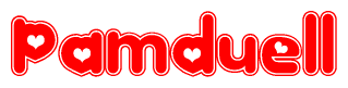 The image is a clipart featuring the word Pamduell written in a stylized font with a heart shape replacing inserted into the center of each letter. The color scheme of the text and hearts is red with a light outline.