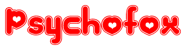 The image is a clipart featuring the word Psychofox written in a stylized font with a heart shape replacing inserted into the center of each letter. The color scheme of the text and hearts is red with a light outline.