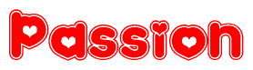 The image is a clipart featuring the word Passion written in a stylized font with a heart shape replacing inserted into the center of each letter. The color scheme of the text and hearts is red with a light outline.