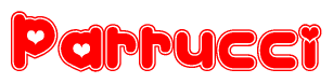 The image is a clipart featuring the word Parrucci written in a stylized font with a heart shape replacing inserted into the center of each letter. The color scheme of the text and hearts is red with a light outline.