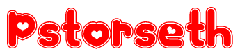 The image is a clipart featuring the word Pstorseth written in a stylized font with a heart shape replacing inserted into the center of each letter. The color scheme of the text and hearts is red with a light outline.