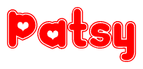 The image is a red and white graphic with the word Patsy written in a decorative script. Each letter in  is contained within its own outlined bubble-like shape. Inside each letter, there is a white heart symbol.