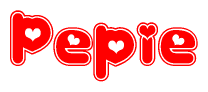 The image is a clipart featuring the word Pepie written in a stylized font with a heart shape replacing inserted into the center of each letter. The color scheme of the text and hearts is red with a light outline.
