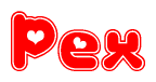 The image is a clipart featuring the word Pex written in a stylized font with a heart shape replacing inserted into the center of each letter. The color scheme of the text and hearts is red with a light outline.