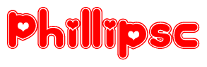 The image is a red and white graphic with the word Phillipsc written in a decorative script. Each letter in  is contained within its own outlined bubble-like shape. Inside each letter, there is a white heart symbol.