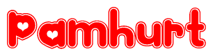 The image is a red and white graphic with the word Pamhurt written in a decorative script. Each letter in  is contained within its own outlined bubble-like shape. Inside each letter, there is a white heart symbol.