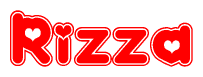 The image is a red and white graphic with the word Rizza written in a decorative script. Each letter in  is contained within its own outlined bubble-like shape. Inside each letter, there is a white heart symbol.