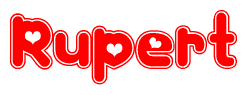 The image is a red and white graphic with the word Rupert written in a decorative script. Each letter in  is contained within its own outlined bubble-like shape. Inside each letter, there is a white heart symbol.