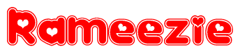 The image is a clipart featuring the word Rameezie written in a stylized font with a heart shape replacing inserted into the center of each letter. The color scheme of the text and hearts is red with a light outline.