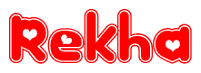 The image is a clipart featuring the word Rekha written in a stylized font with a heart shape replacing inserted into the center of each letter. The color scheme of the text and hearts is red with a light outline.