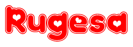 The image is a red and white graphic with the word Rugesa written in a decorative script. Each letter in  is contained within its own outlined bubble-like shape. Inside each letter, there is a white heart symbol.