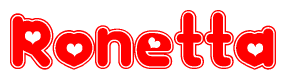 The image is a clipart featuring the word Ronetta written in a stylized font with a heart shape replacing inserted into the center of each letter. The color scheme of the text and hearts is red with a light outline.